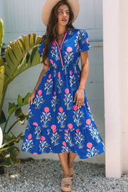 Blue floral Vacation Glow maxi dress with puff sleeves and V-neck