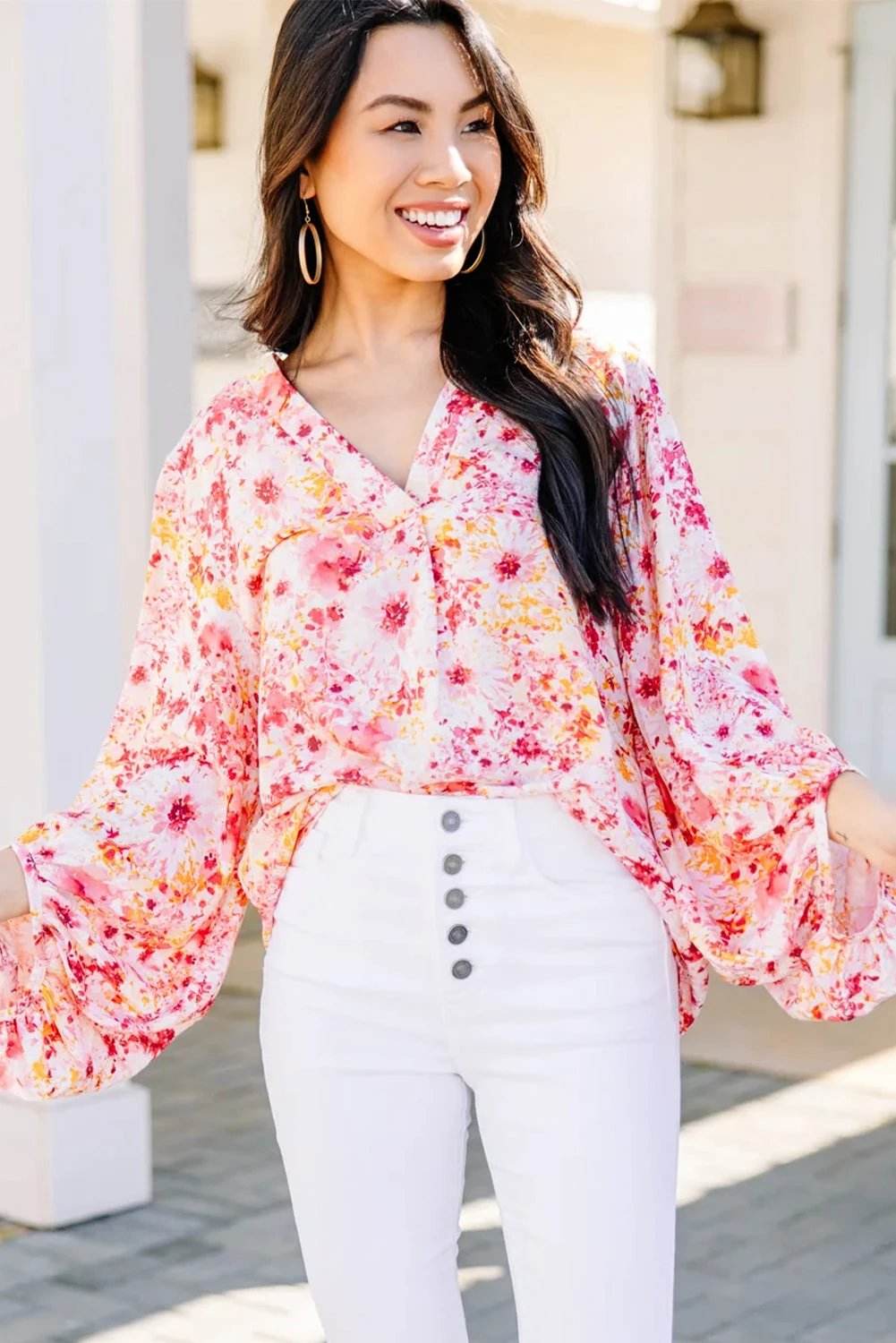 pink ditsy floral bubble sleeve v neck blouse for women casual everyday outfit