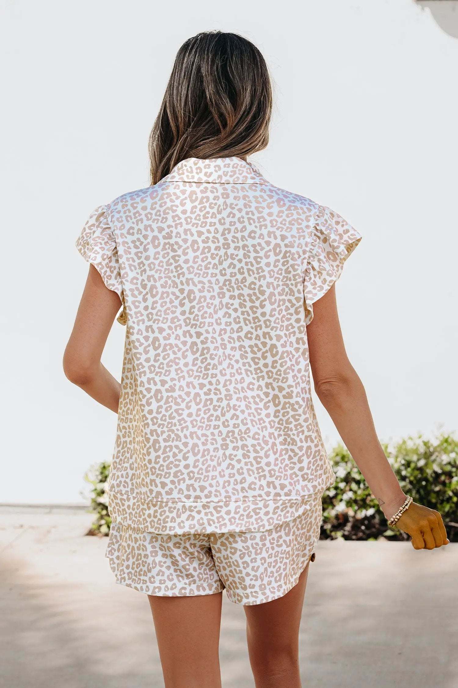 J&H Apparel Beige Leopard Zip Polo Top 2pcs Short Set - Outfit Sets Two Piece Sets/Short Sets