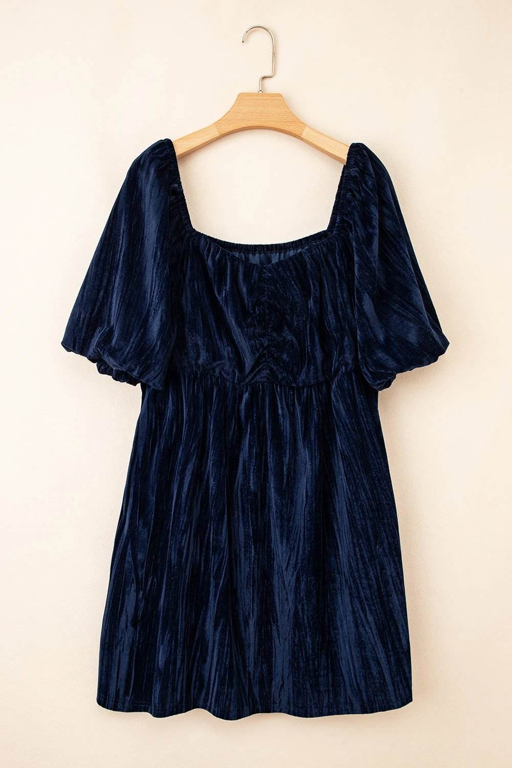 navy blue velvet ruched bust square neck short puff sleeve plus dress for women casual everyday outfit