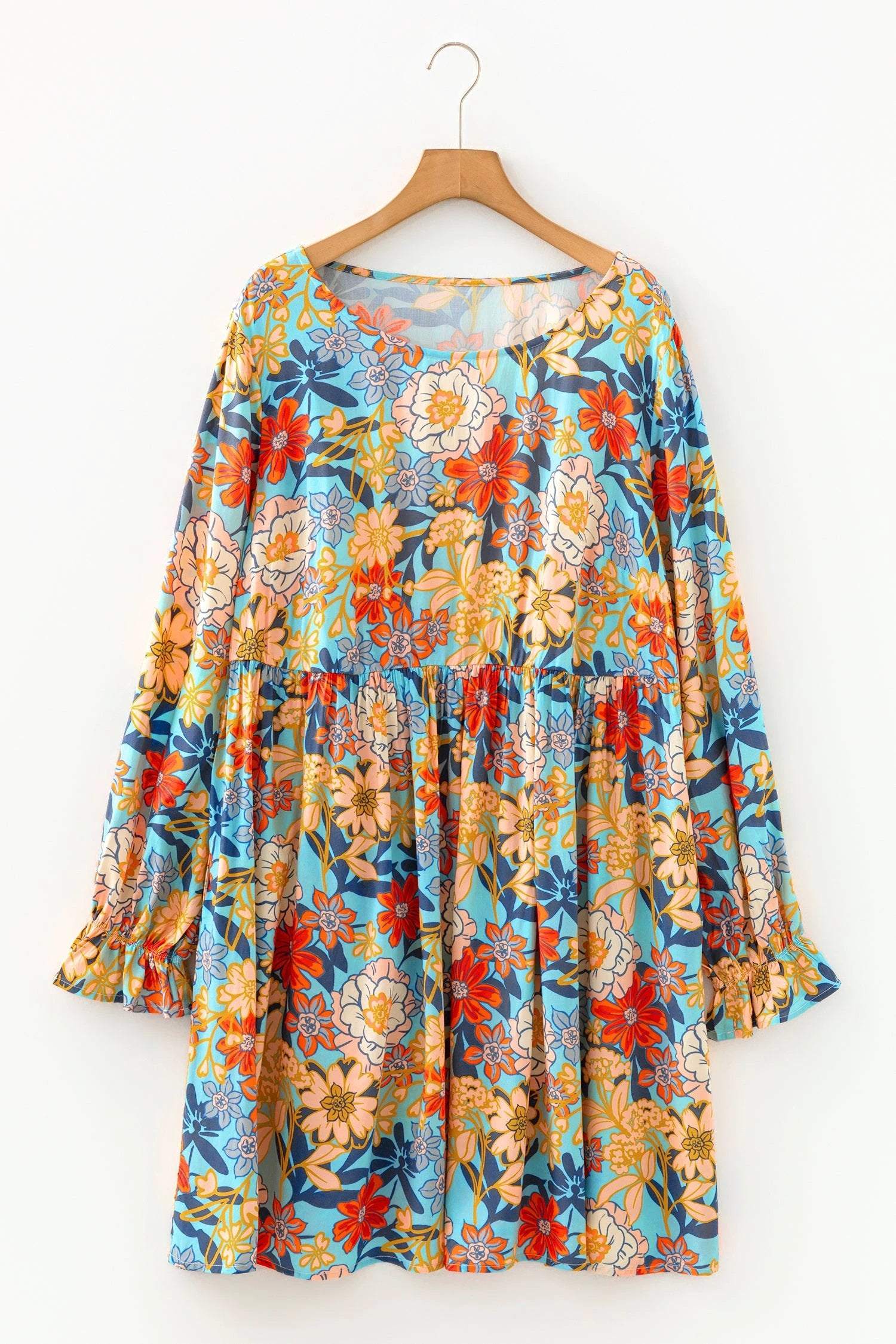 Plus size floral ruffled long sleeve flowy mini dress with boho charm