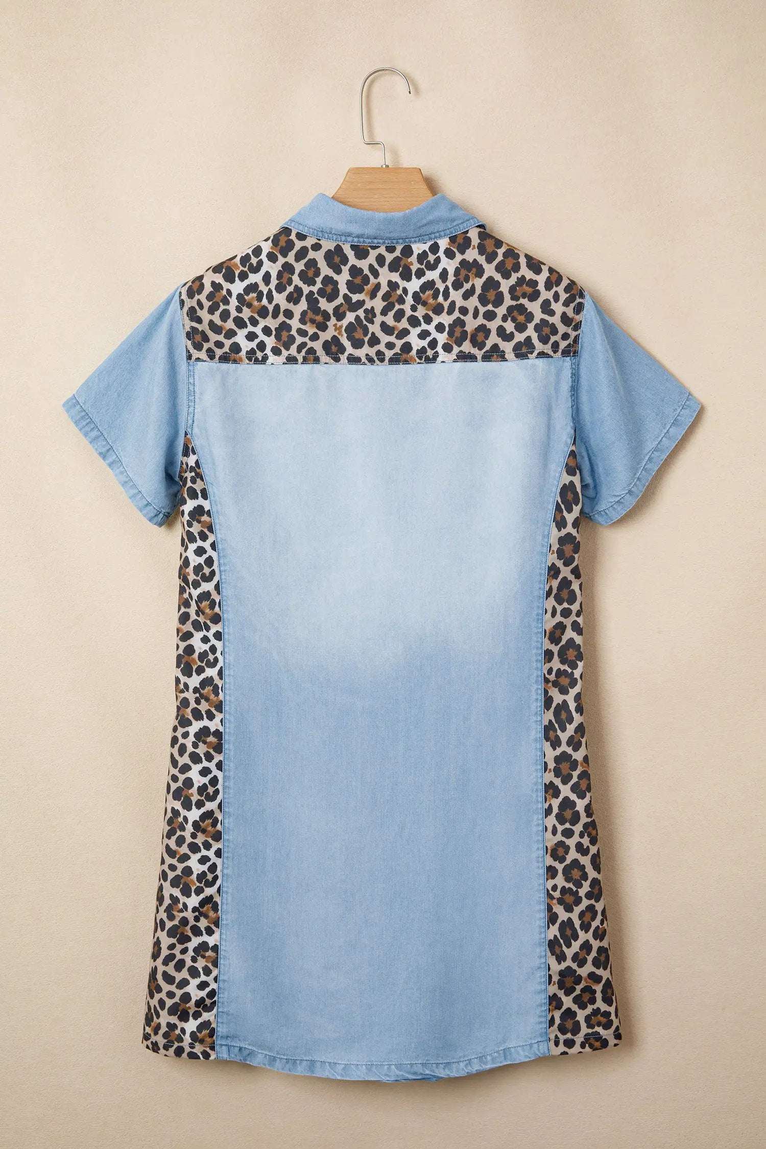 Leopard Print Mini Dress with denim color block and shirt collar