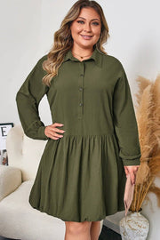 Plus size olive green collar button-front mini dress with long sleeves and ruffle hem