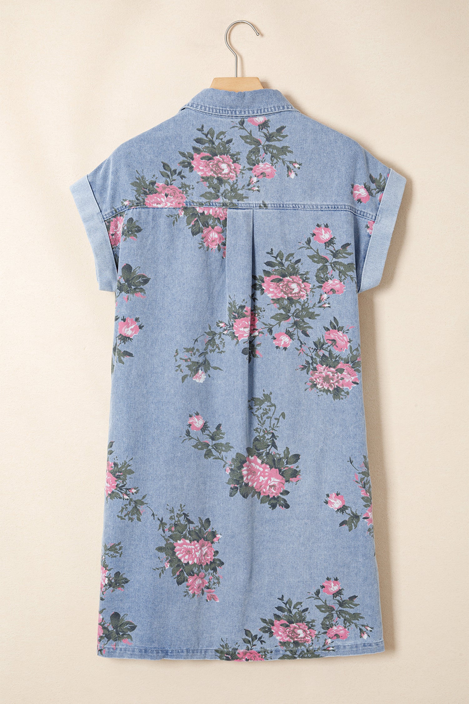 Denim Floral Print Cuffed Short Sleeve Button-Down Shift Dress — everyday dress for women | J&H Apparel