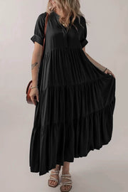 Black tiered ruffle maxi dress with hidden buttons and short sleeves