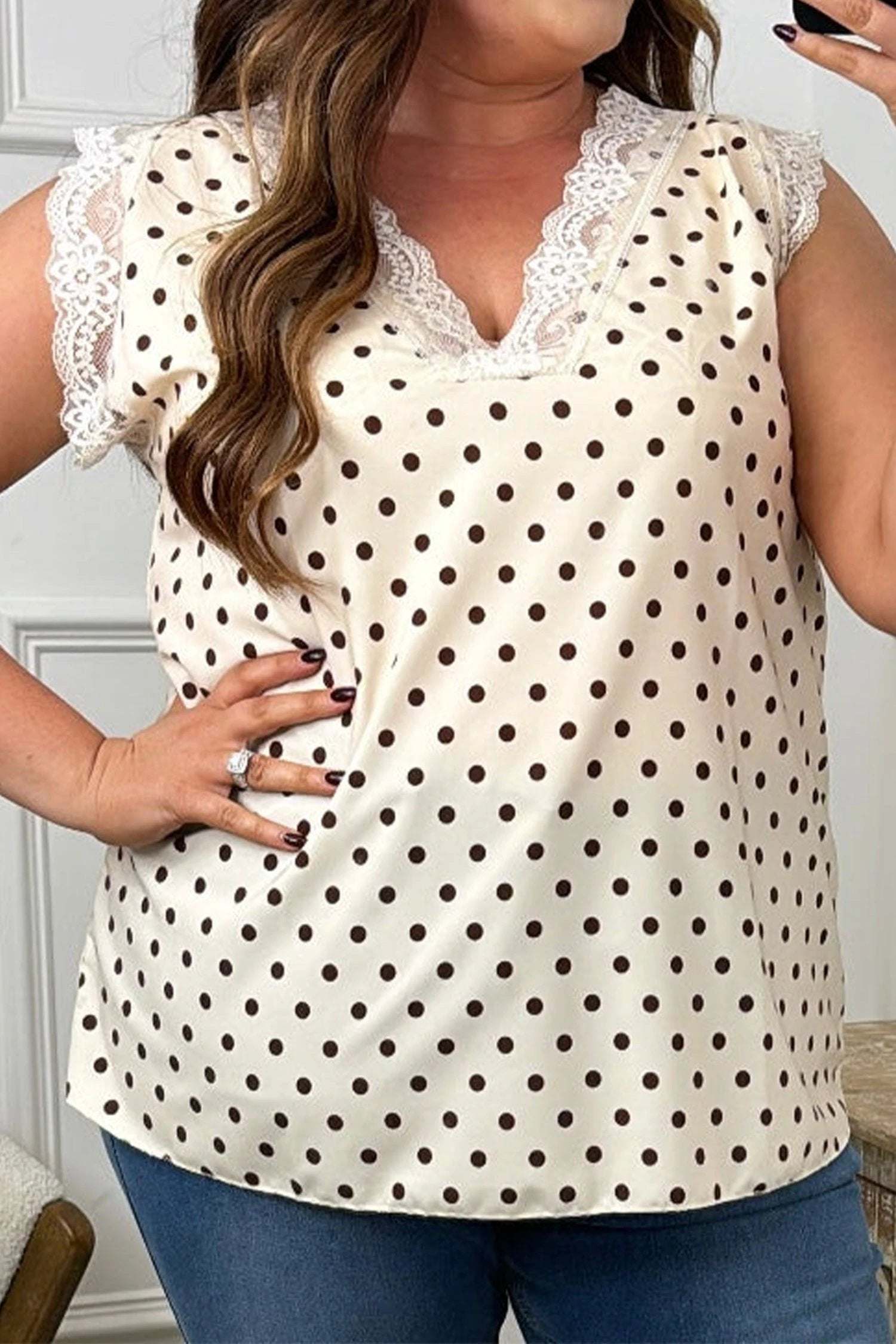 plus size polka dot lace trim top