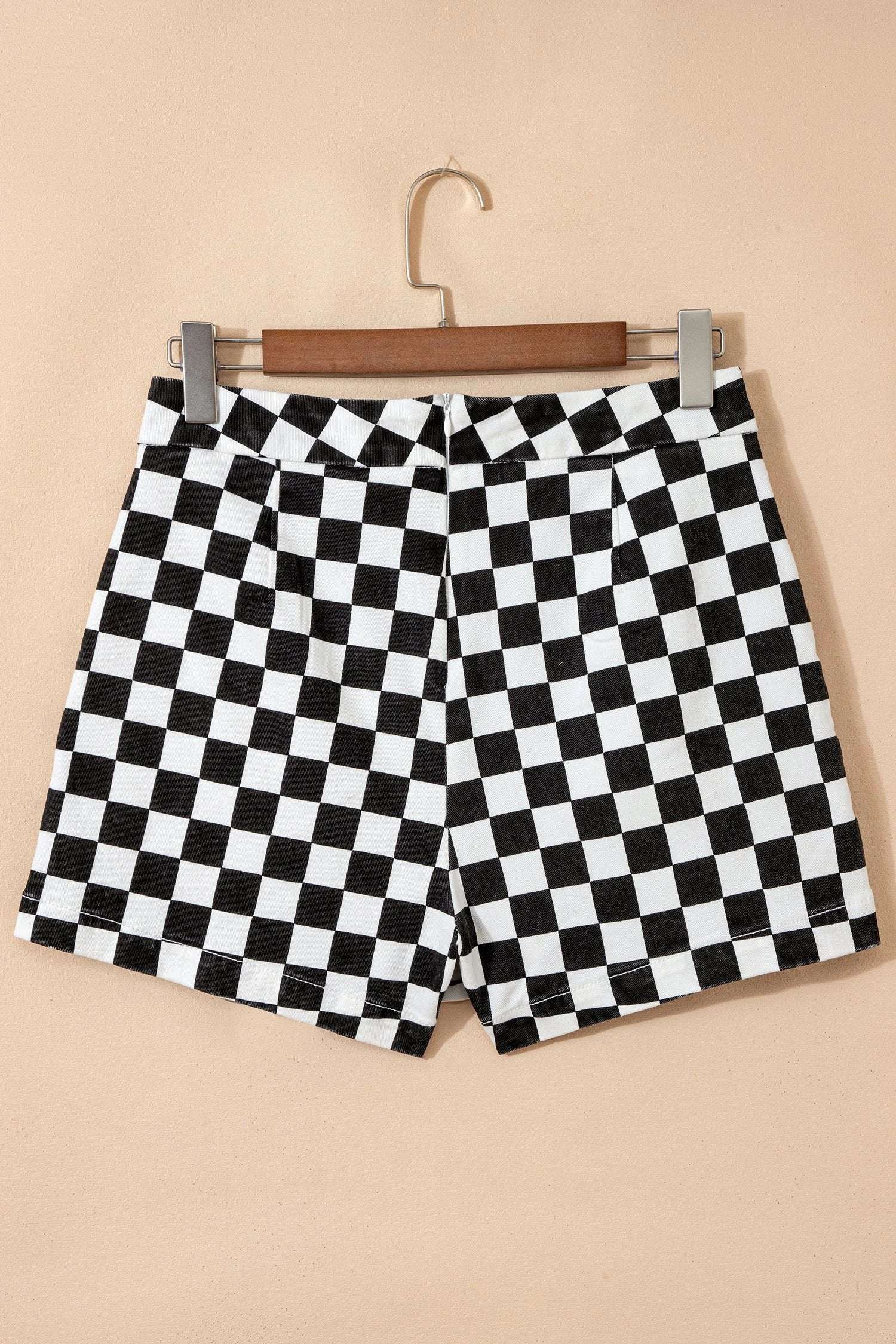 black checkered print overlap denim shorts for women casual everyday outfit