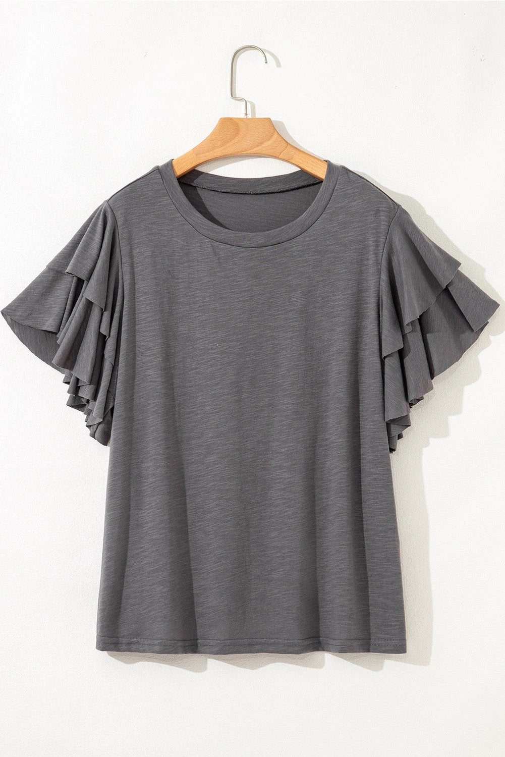 dark grey double ruffled short sleeve plus size top for women casual everyday outfit