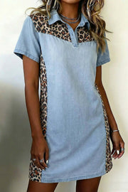 Leopard Print Mini Dress with denim color block and shirt collar
