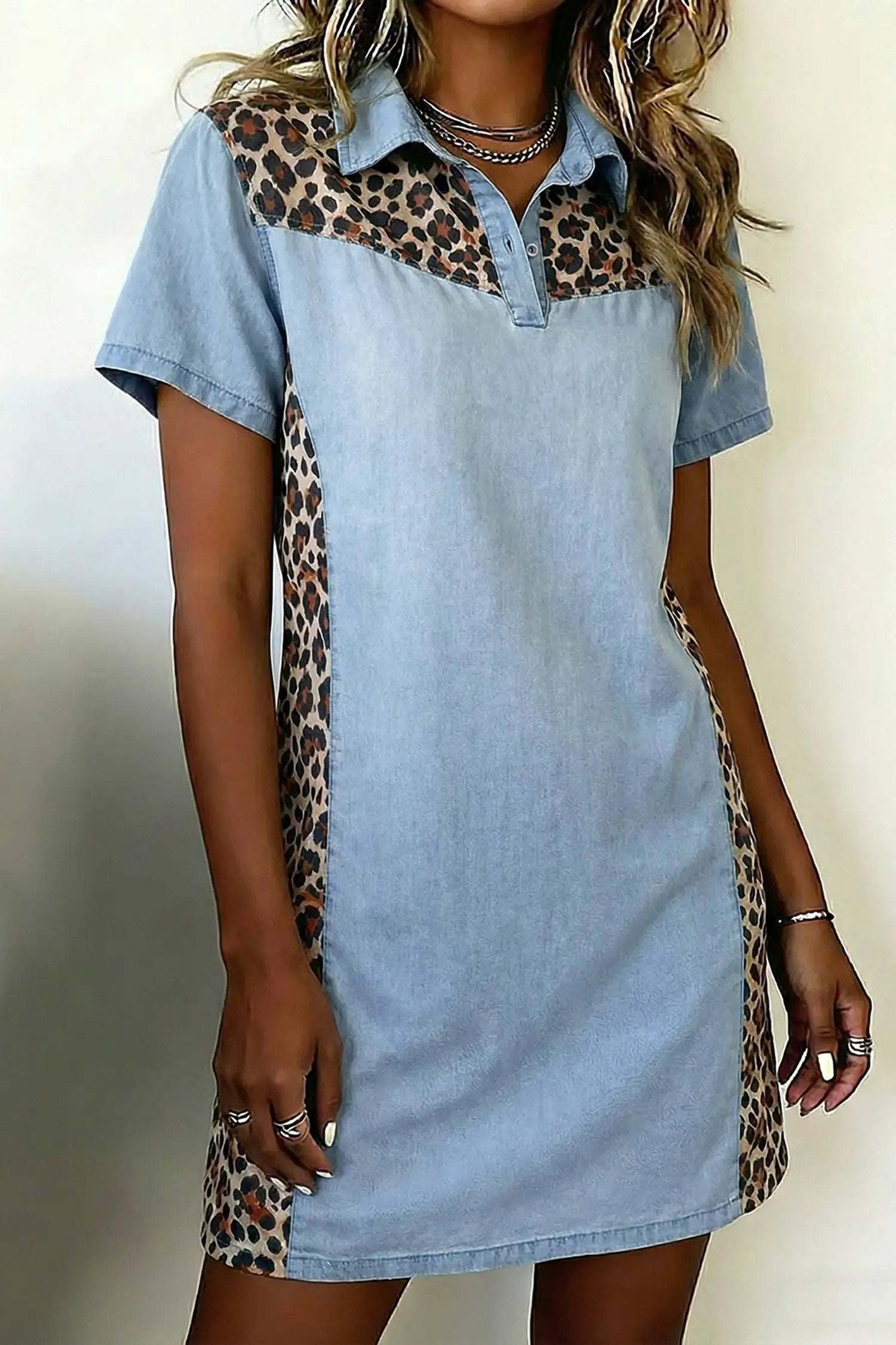 Leopard Print Mini Dress with denim color block and shirt collar