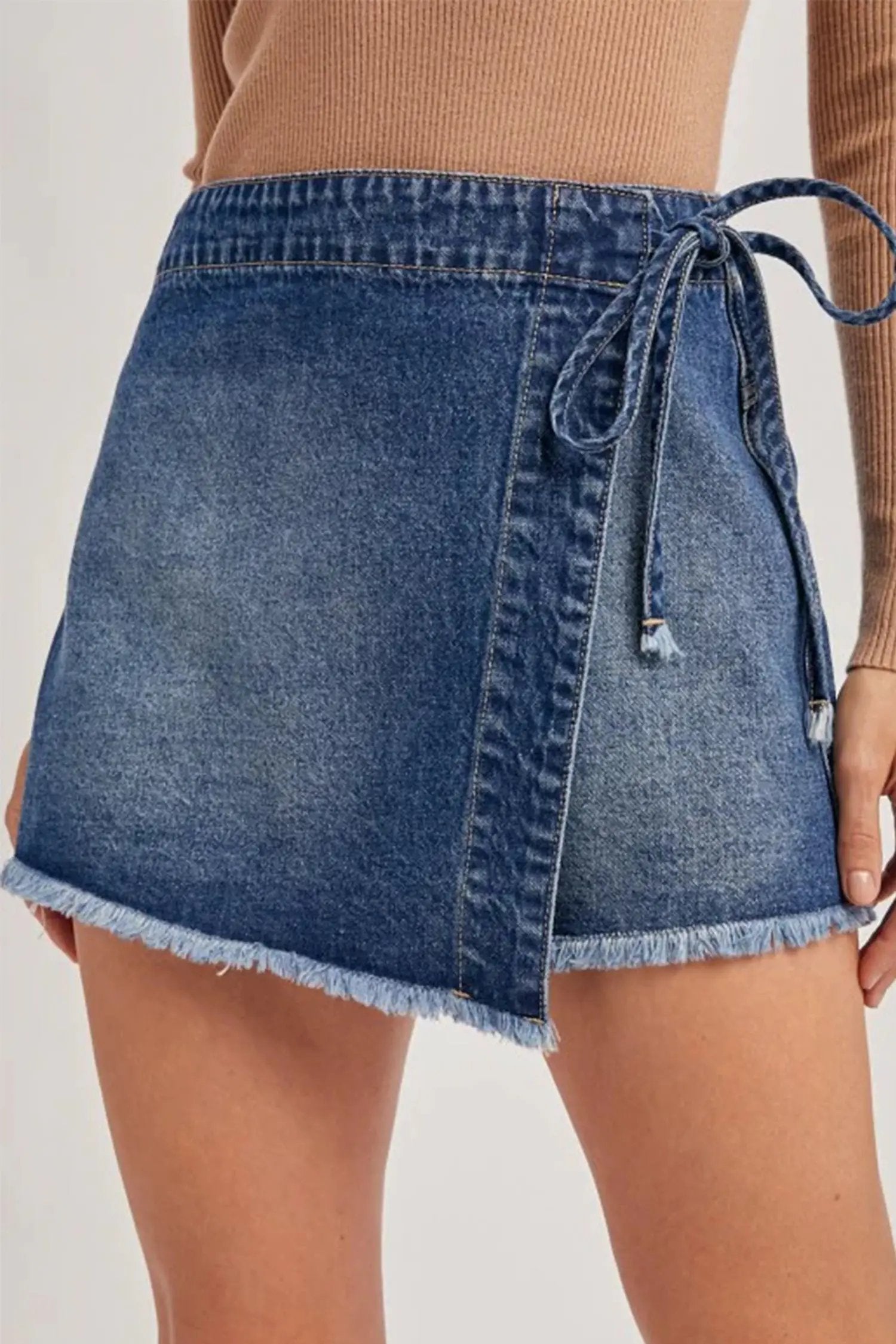 Dear-Lover Dropshipping Ashleigh Blue Wrapped Tied Waist Denim Skort - Bottoms/Skirts & Petticoat