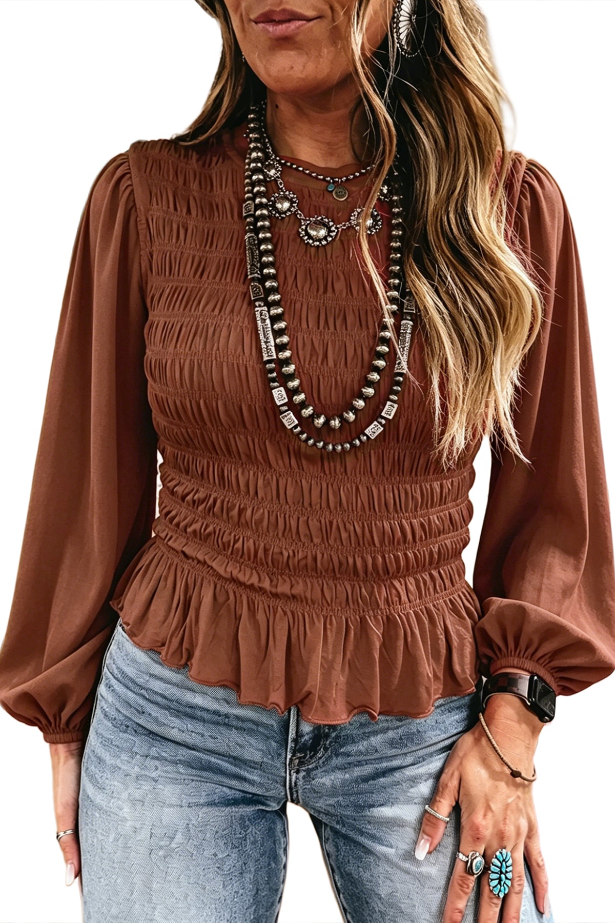 Solid Color Smocked Ruffle Hem Long Sleeve Blouse