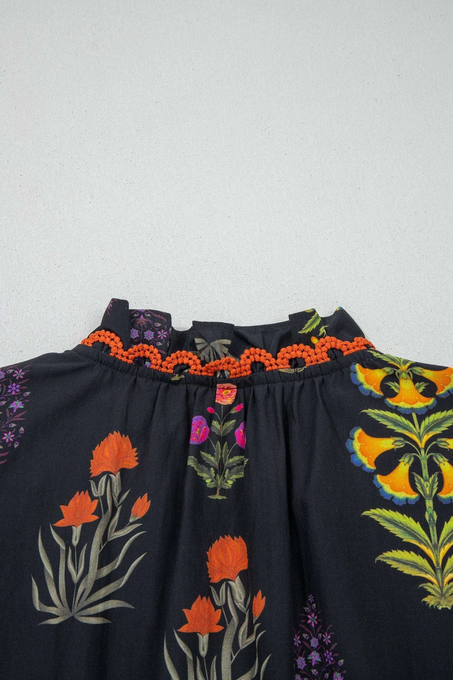 black floral print lace trim frilled v neck short sleeve shirt for women casual everyday outfit