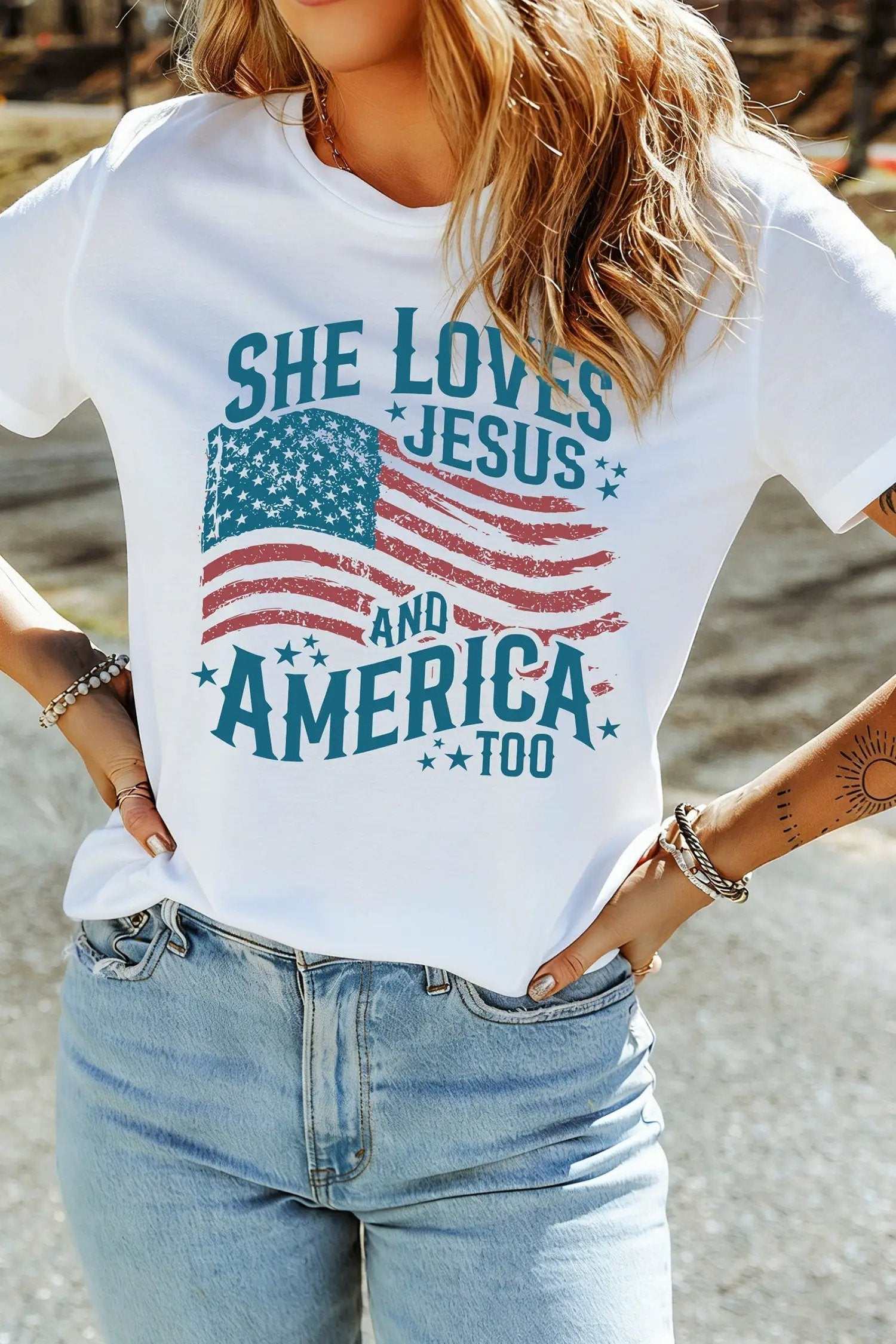 Patriotic Graphic Tee She Loves Jesus and America flag casual shirt