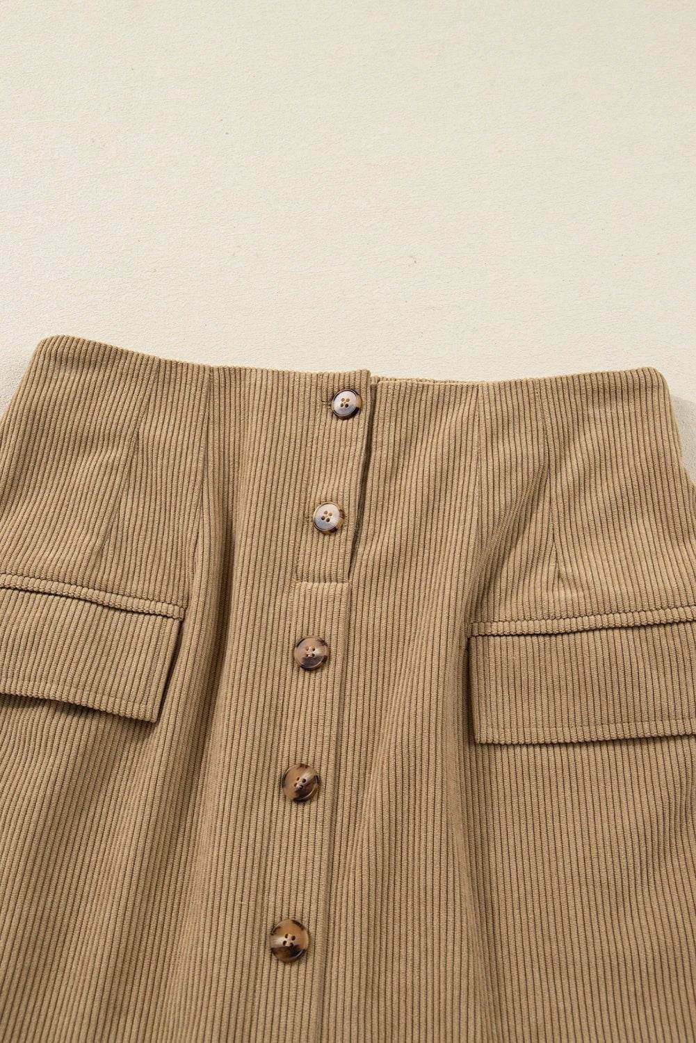 camel corduroy buttoned front faux pockets mini skirt for women casual everyday outfit