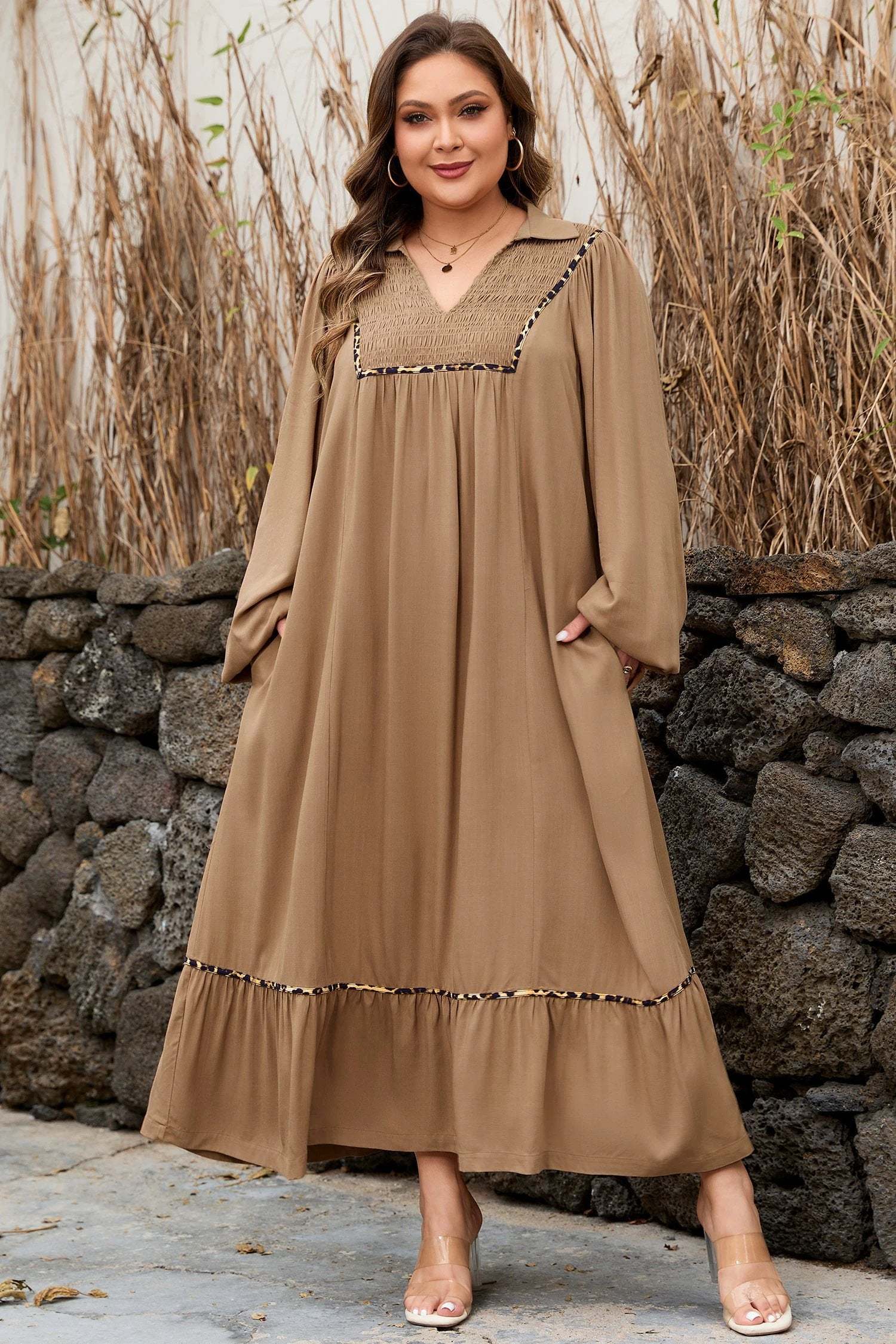 Plus size Southern Charm smocked V-neck dress with leopard piping and balloon sleeves