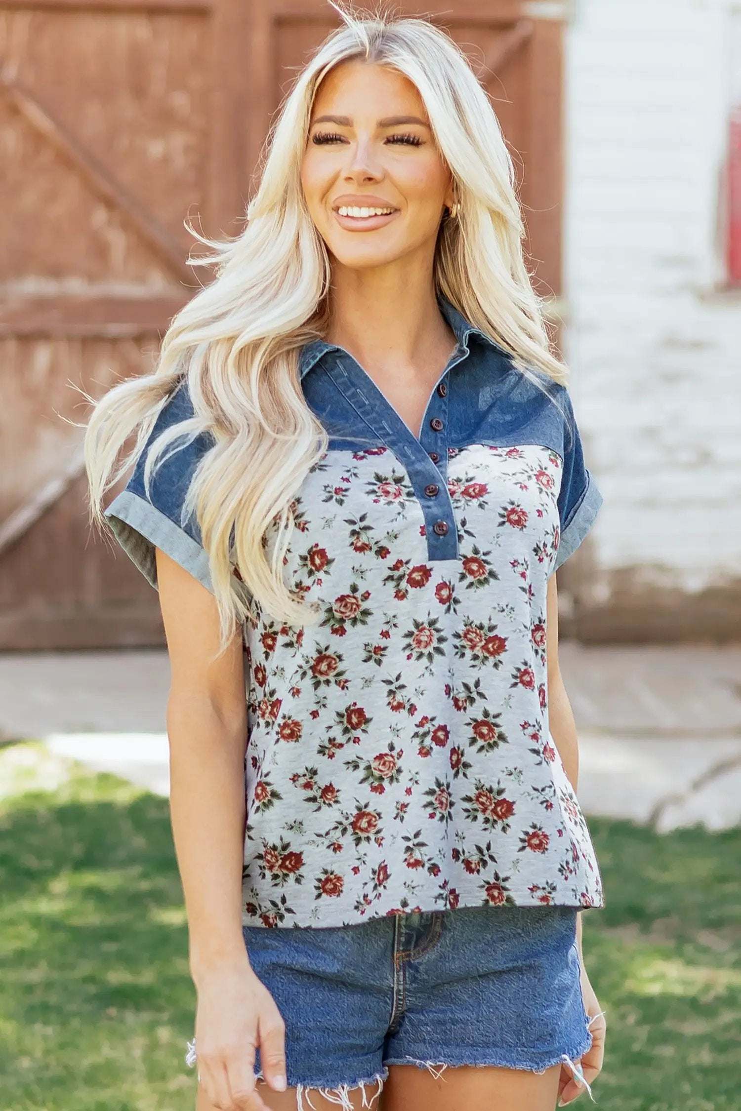 Cool Mom Classic | Denim Patchwork Floral Polo Collar Top With Button Detail
