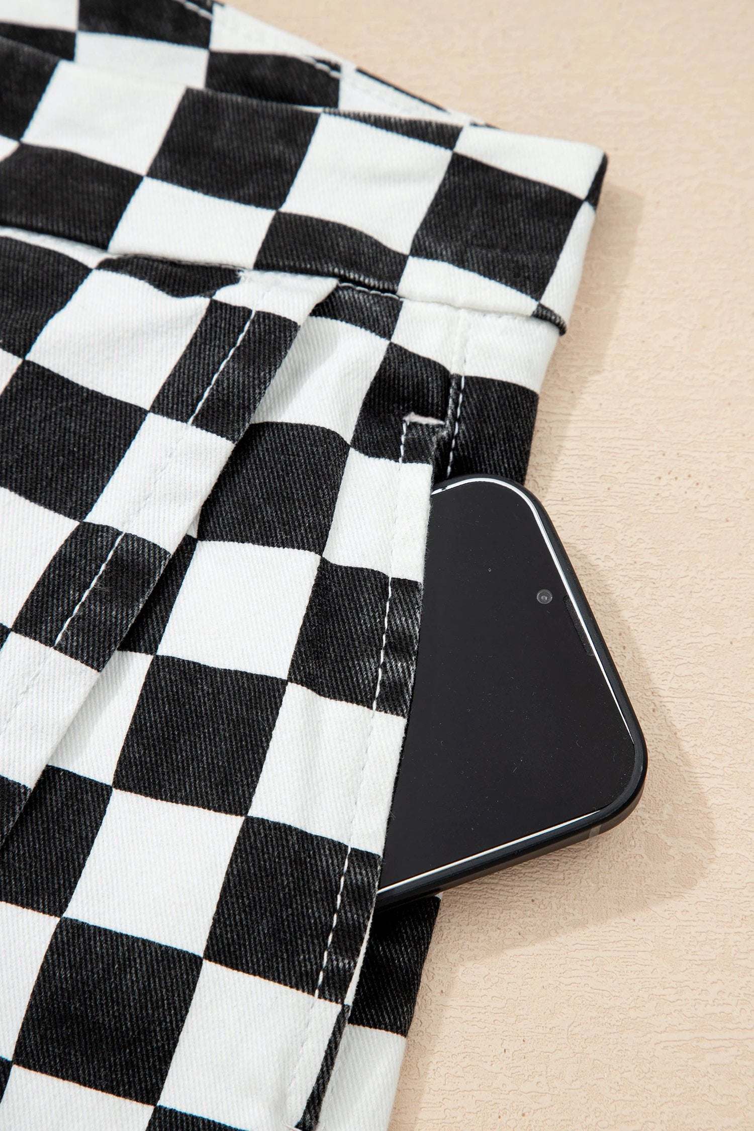 black checkered print overlap denim shorts for women casual everyday outfit