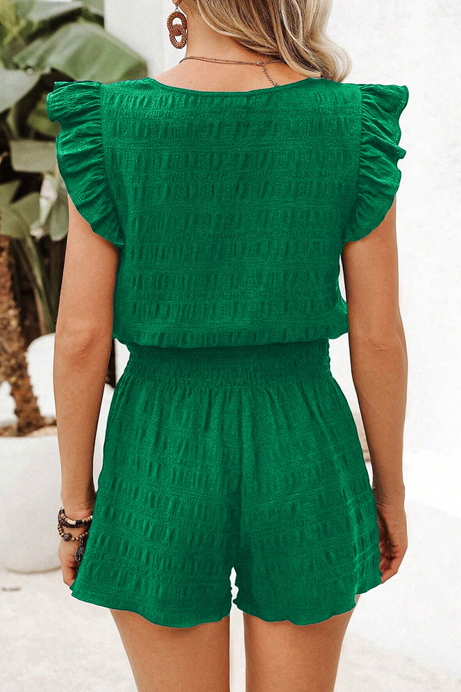 Dark Green Textured Square Neck Top and Shirred High Waist Shorts Set