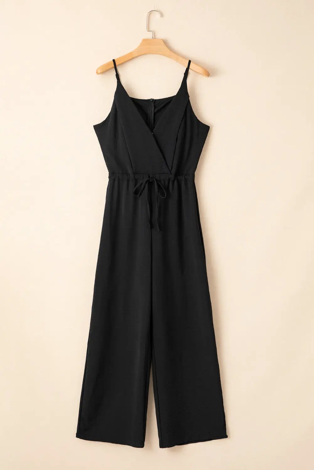 Dear-Lover Dropshipping Black Solid Spaghetti Strap Wide Leg Drawstring High Waist Jumpsuit - Bottoms/Jumpsuits & Rompers