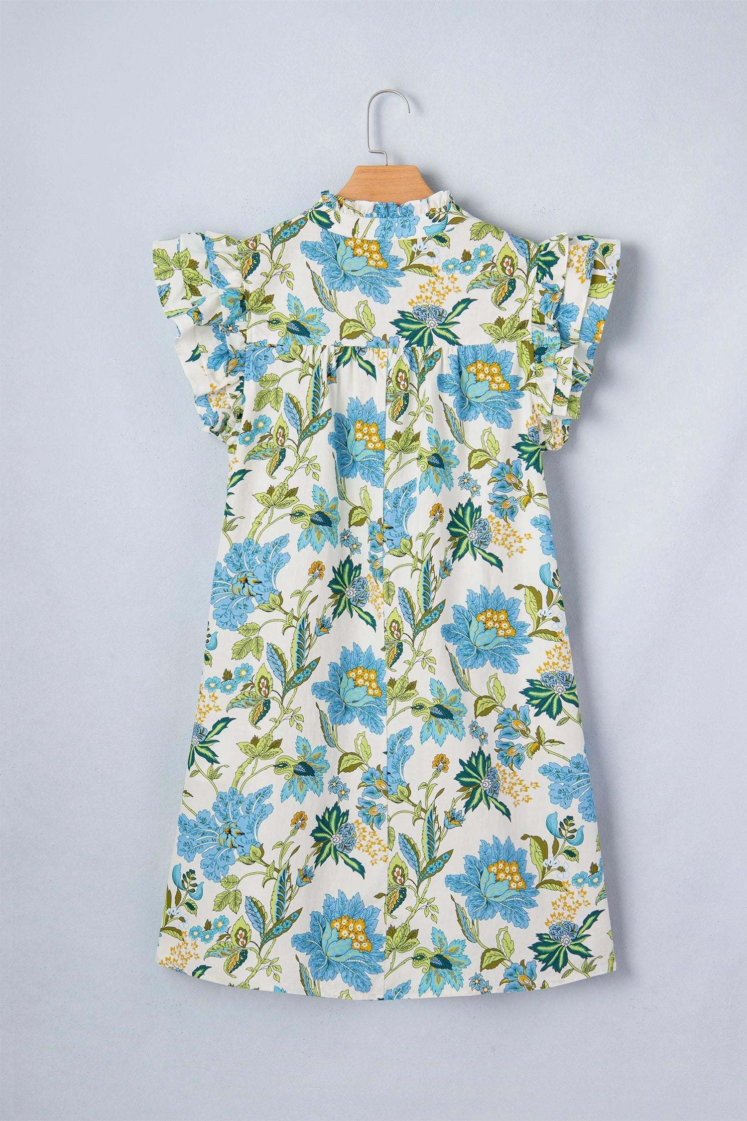 beige floral print v neck triple ruffle short sleeve shift mini dress for women casual everyday outfit