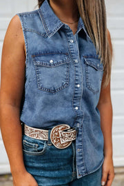 Western Chic sleeveless buttoned denim top with collar and metallic snaps