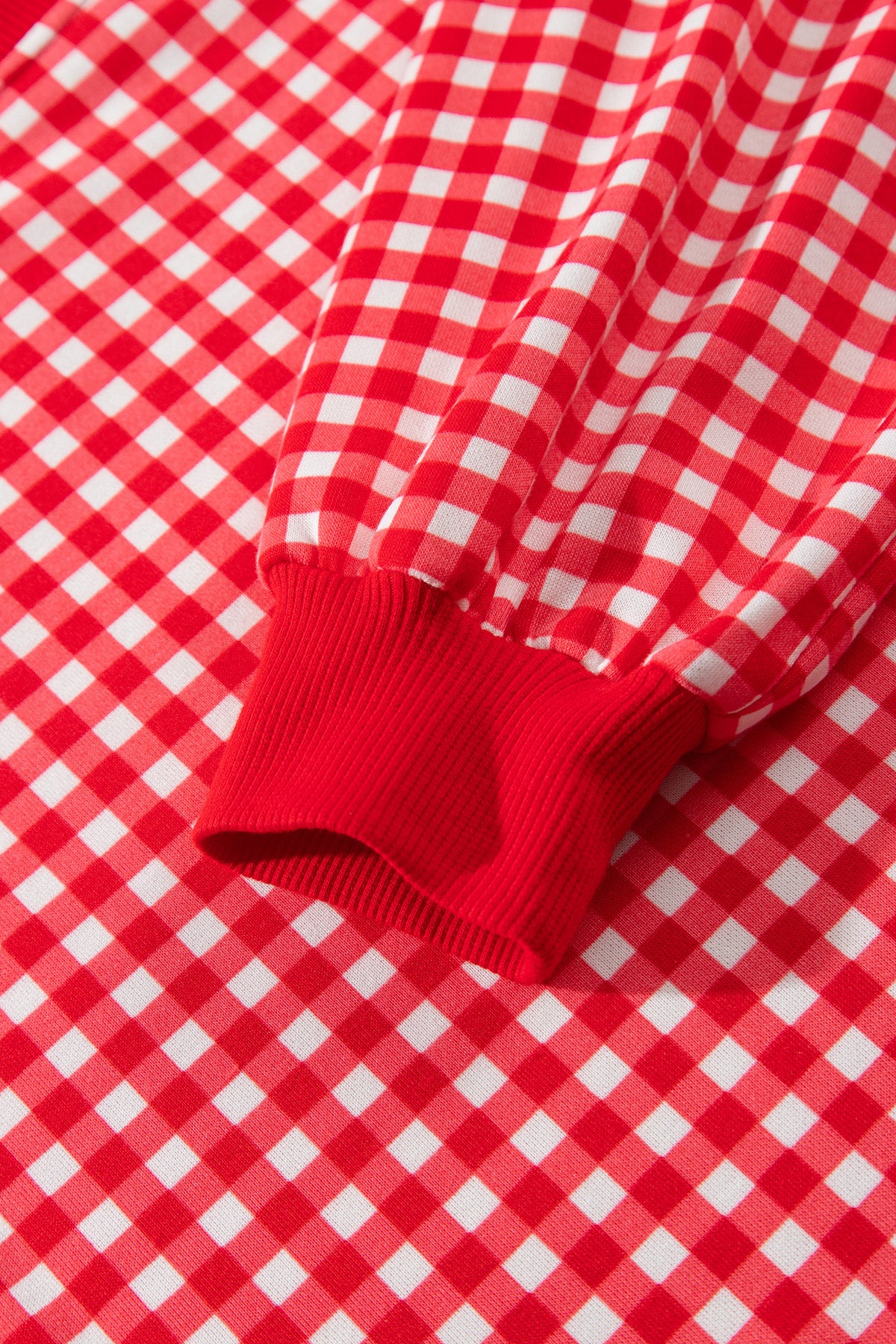 Red Gingham Oversized Ribbed Trim Crew Neck Long Sleeve Top and Skort Set