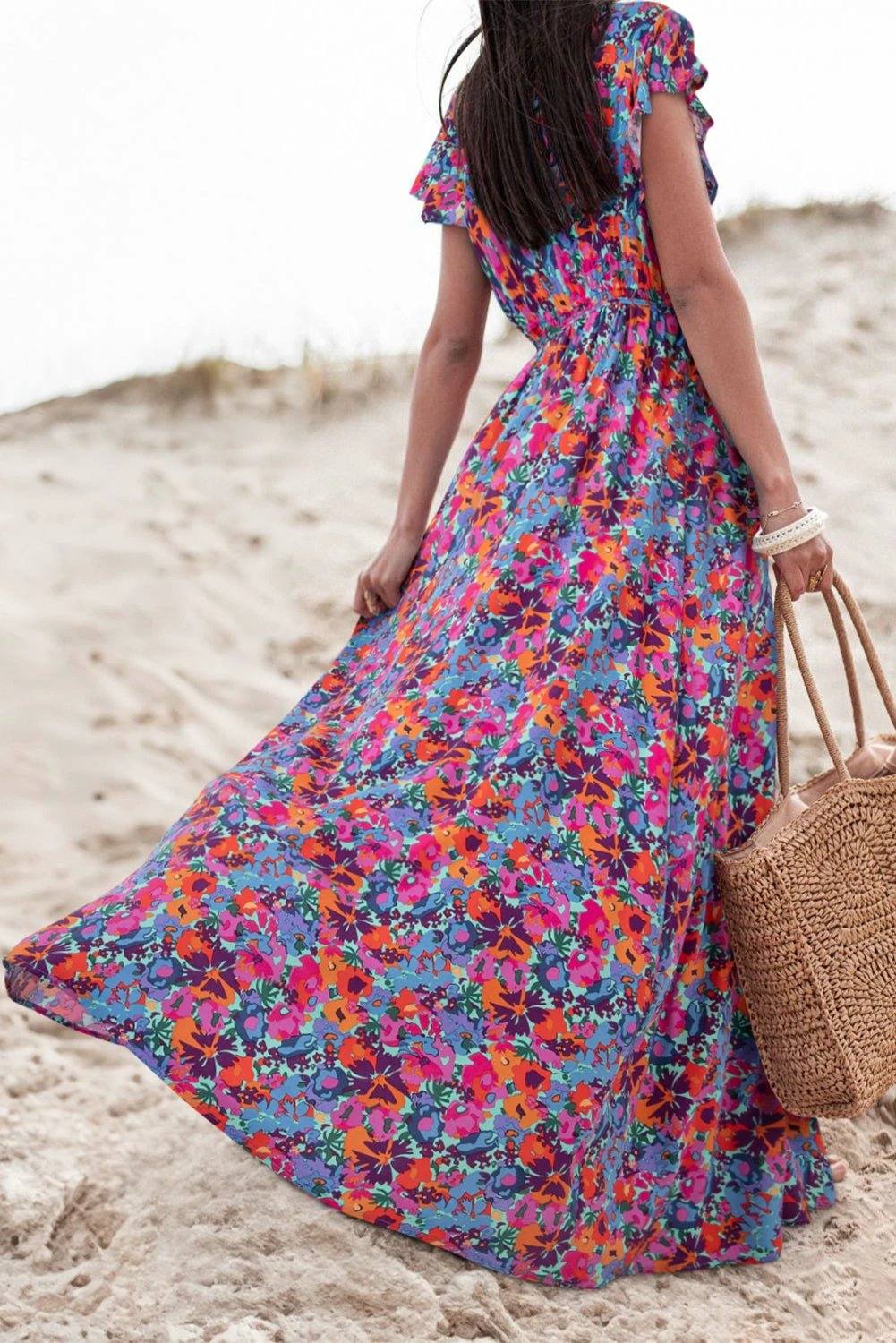 blue floral print v neck wrap split maxi dress for women casual everyday outfit