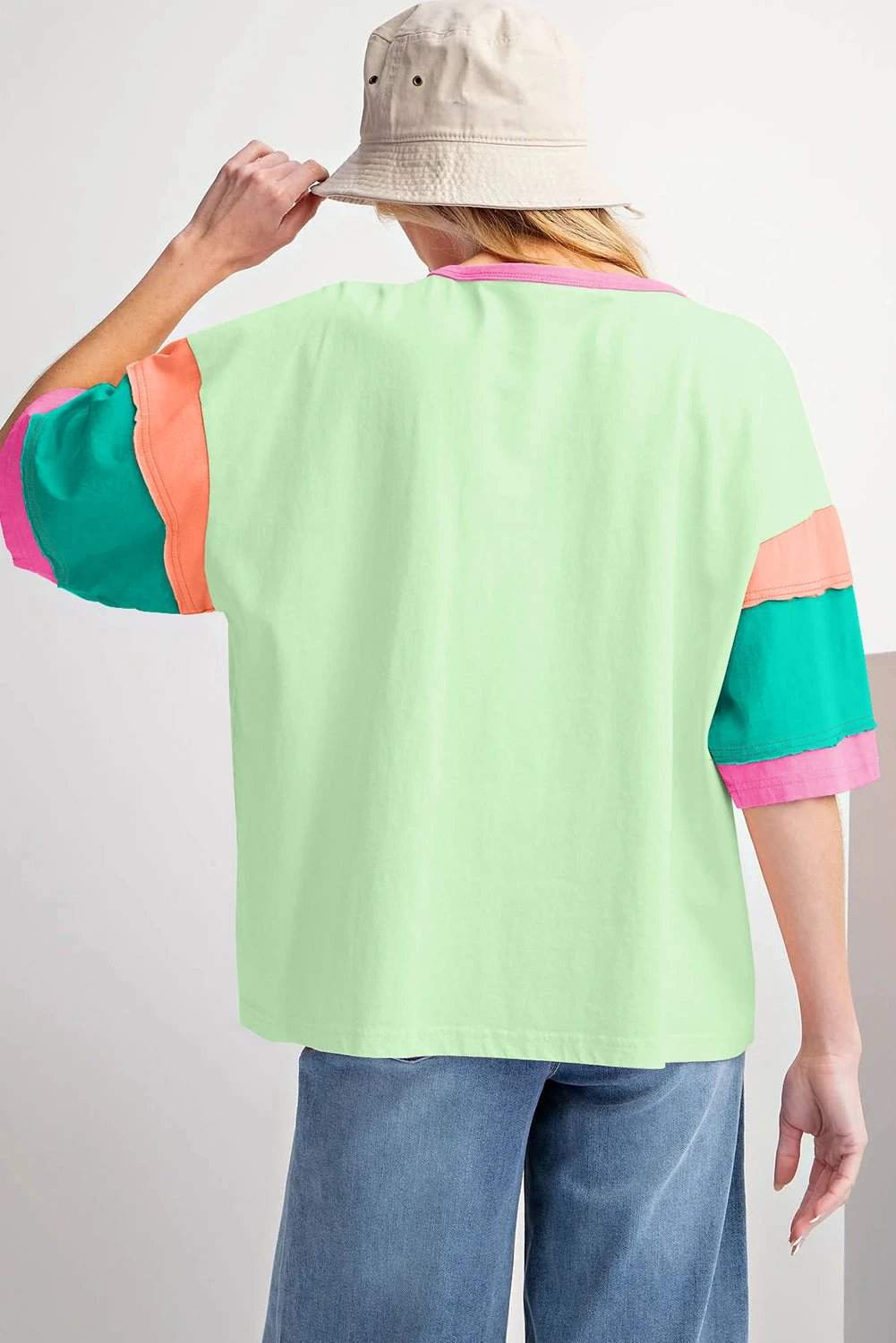 Pink Colorblock stitching sleeve round neck oversize top for women casual everyday outfit