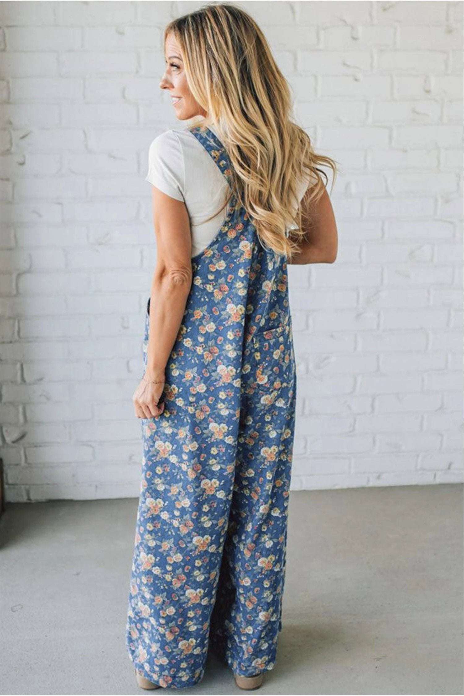 blue vintage rose printed pleated loose denim overall jumpsuit for women casual everyday outfit