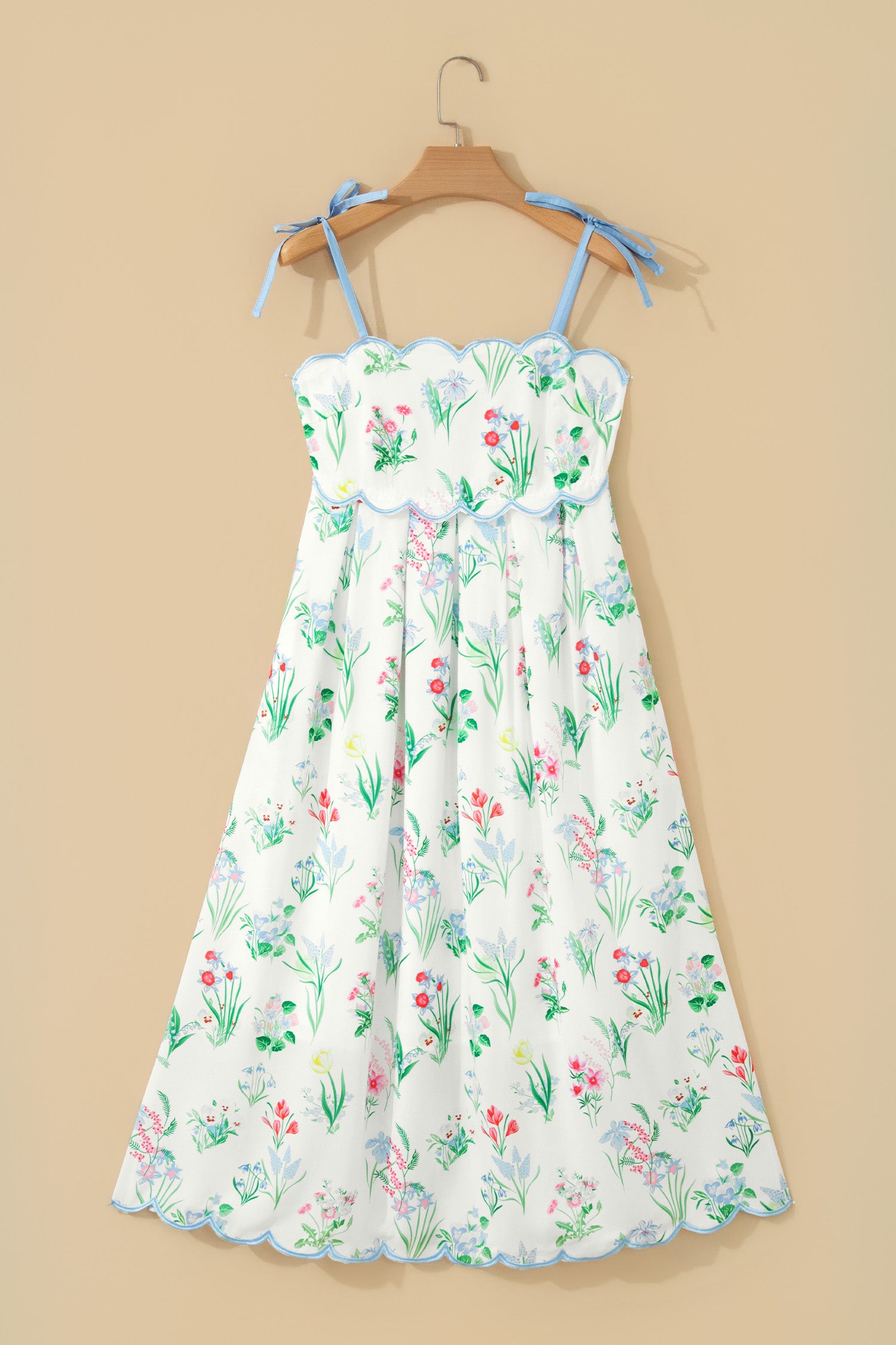 Floral Print Contrast Trim Self-tie Straps High-Waisted Midi Dress — everyday dress for women | J&H Apparel