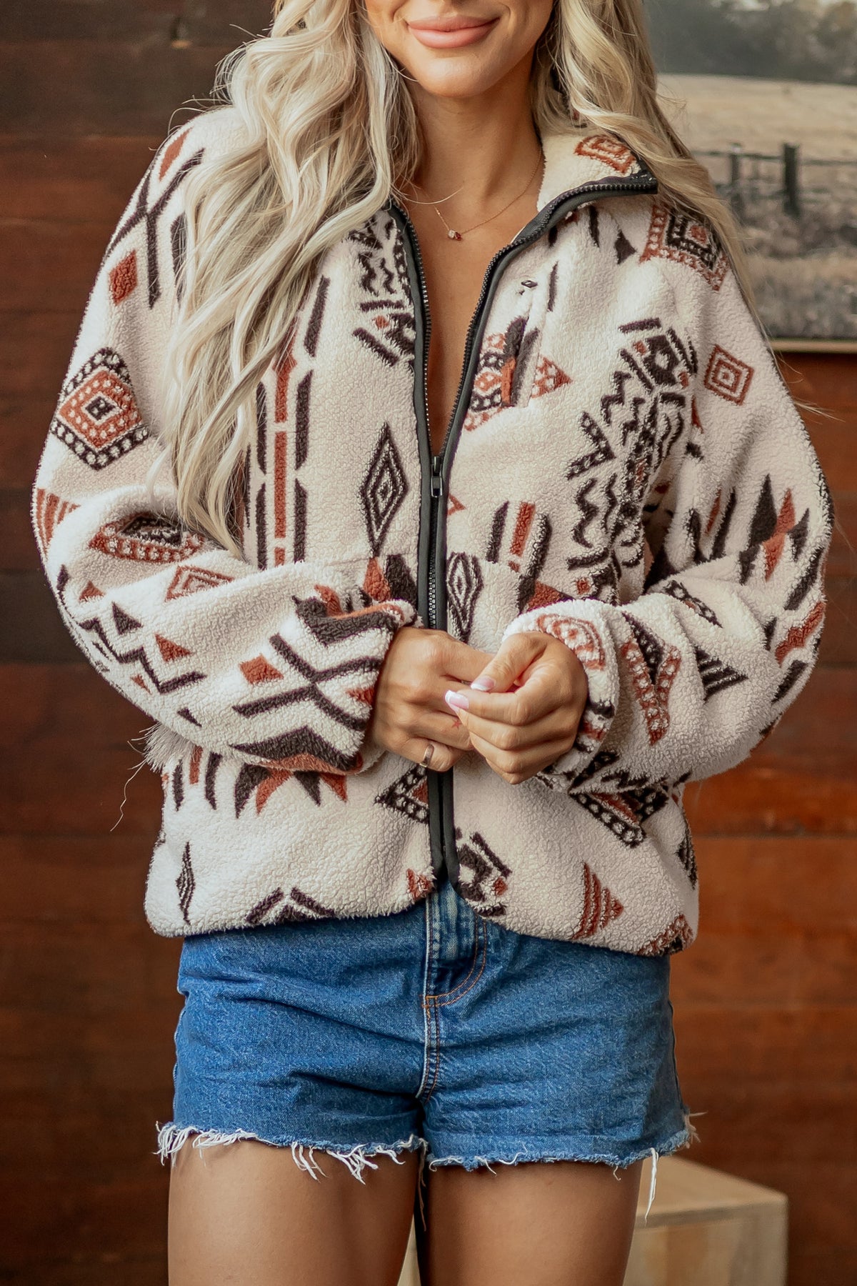 Geometric Print Long Sleeve Shirt Collar Zip-Up Placket Binding Tape Jacket