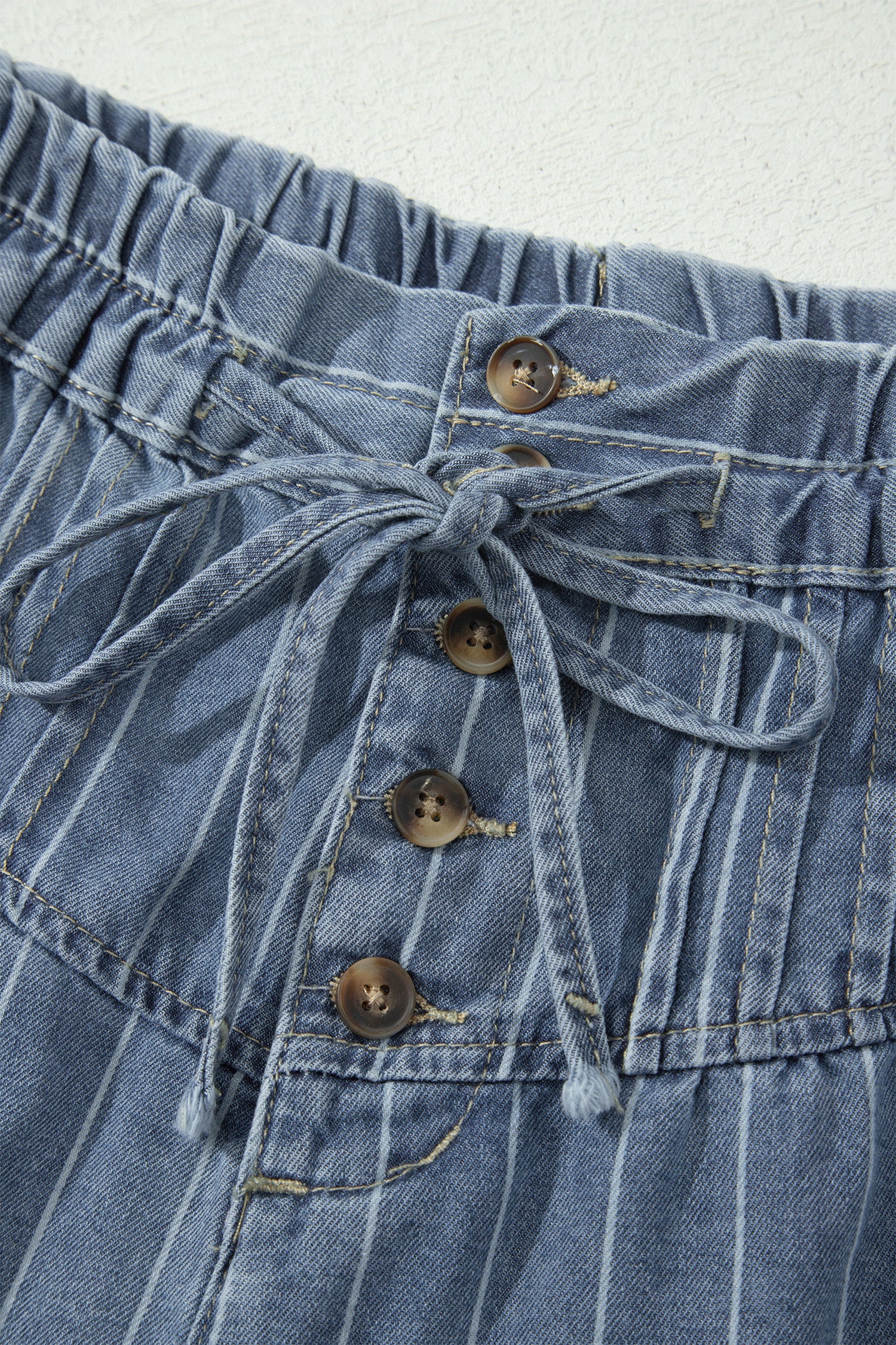 Stripe Drawstring Button Pleated High-Waisted Denim Shorts — women's everyday bottoms | J&H Apparel