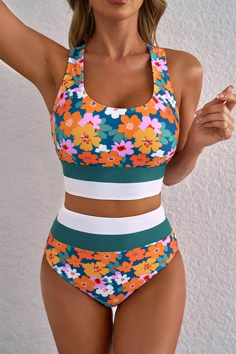 green floral print racerback cutout high waist 2pcs bikini for women casual everyday outfit