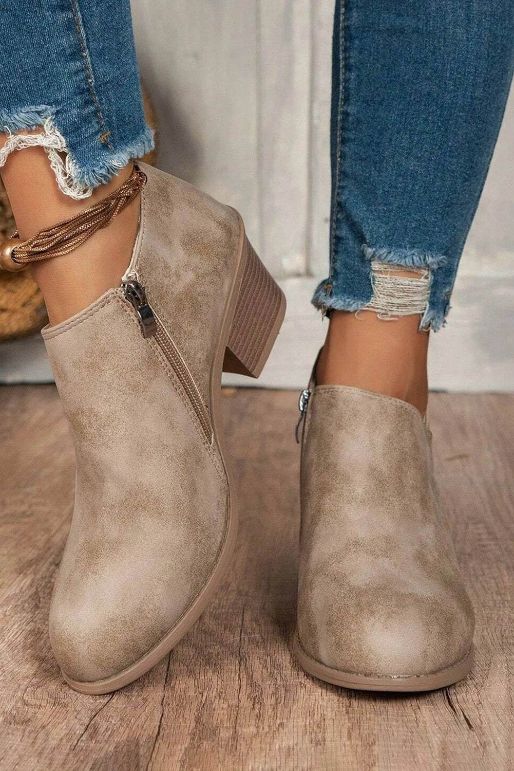 Philippine Gray Tulip opening suede ankle boots with side zipper and stacked block heel
