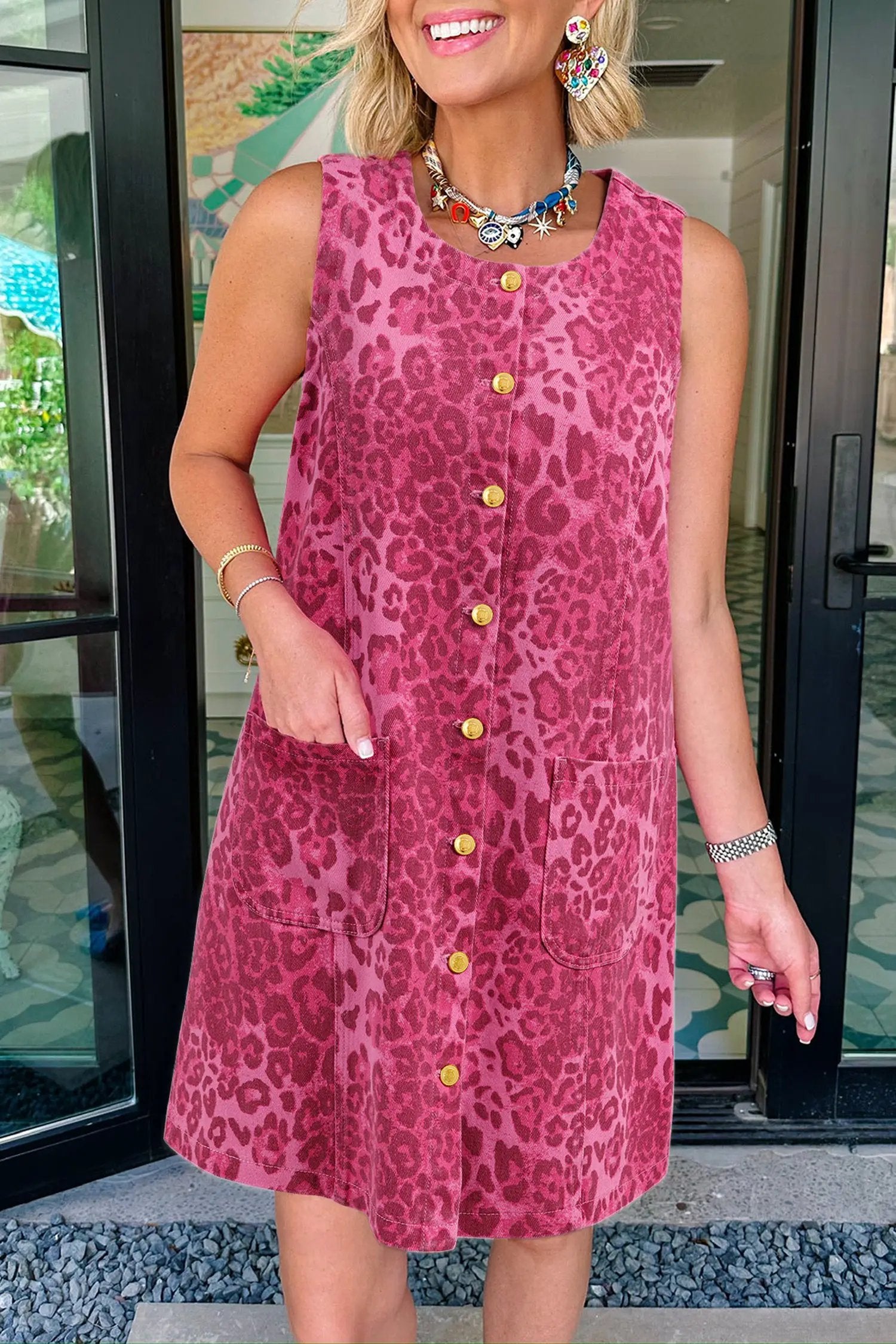 Pink Leopard Denim Buttoned Shift Sleeveless Dress