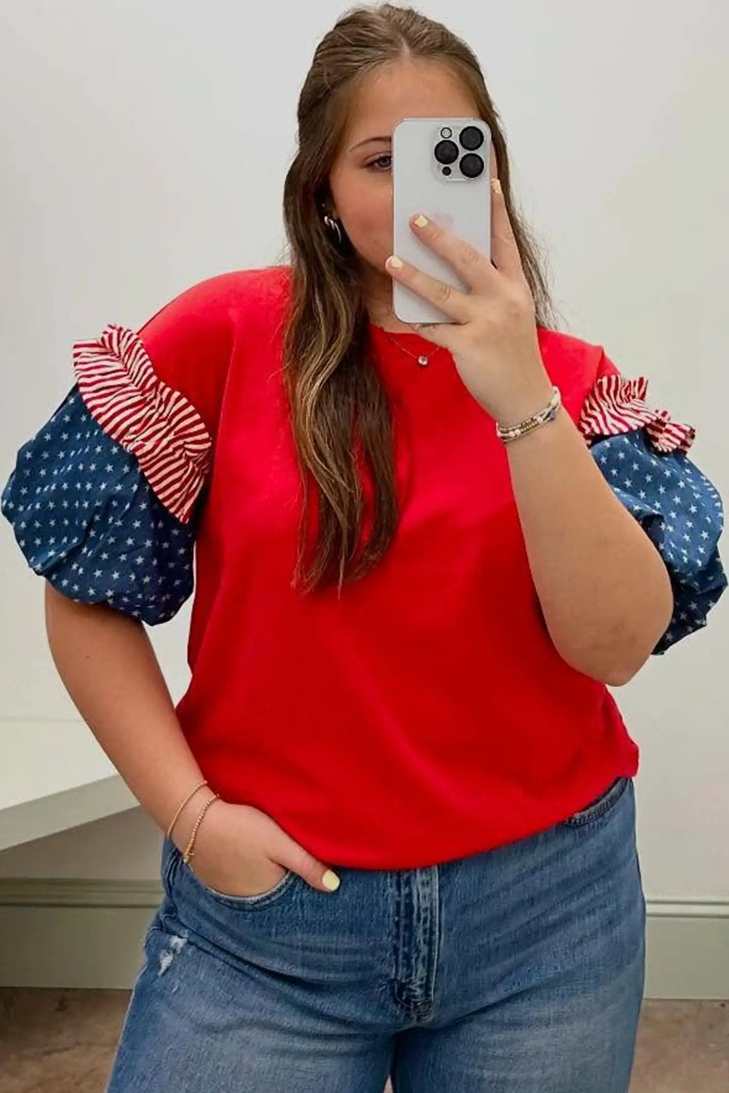 Plus size fiery red top with patchwork star and striped ruffle bubble sleeves