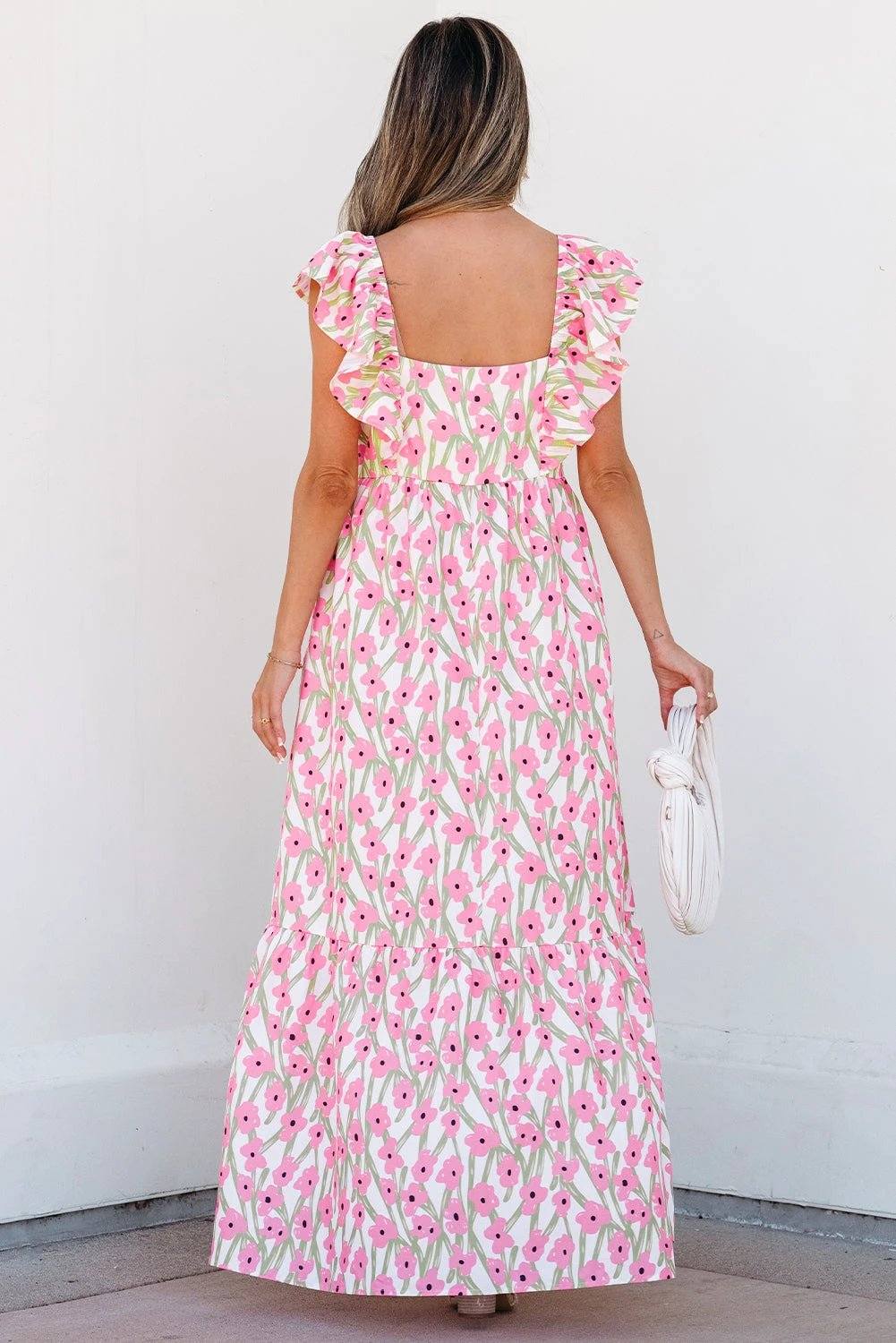 Dear-Lover Dropshipping Pink Floral Print Square Neck Ruffled Strap Maxi Dress - Dresses/Floral Dresses