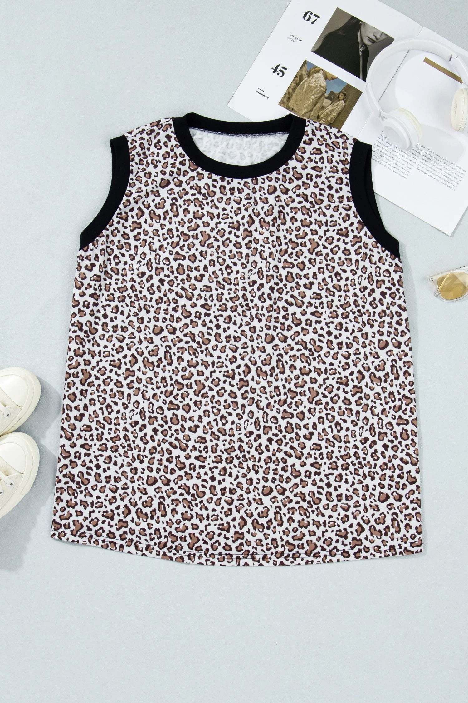 Plus size leopard top with khaki contrast trim sleeveless for casual wear