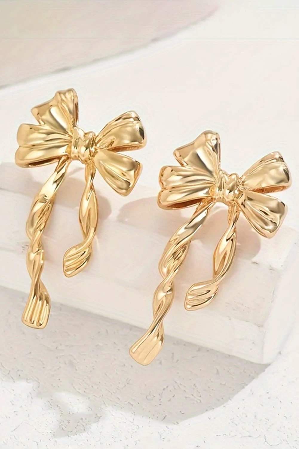 gold bow knot plated alloy stud earrings for women casual everyday outfit