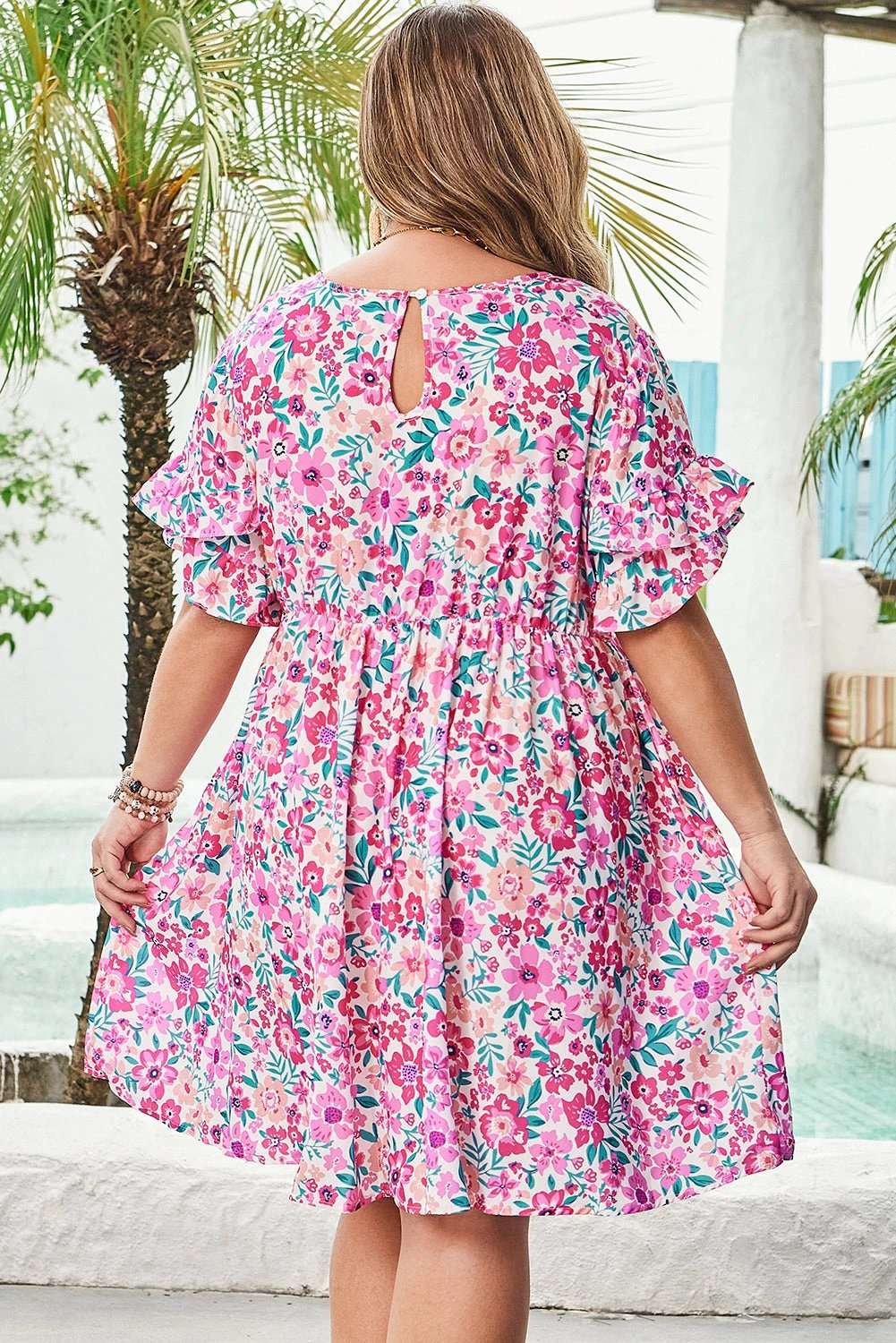Plus Size Floral Dress with frilled short sleeves and flare silhouette