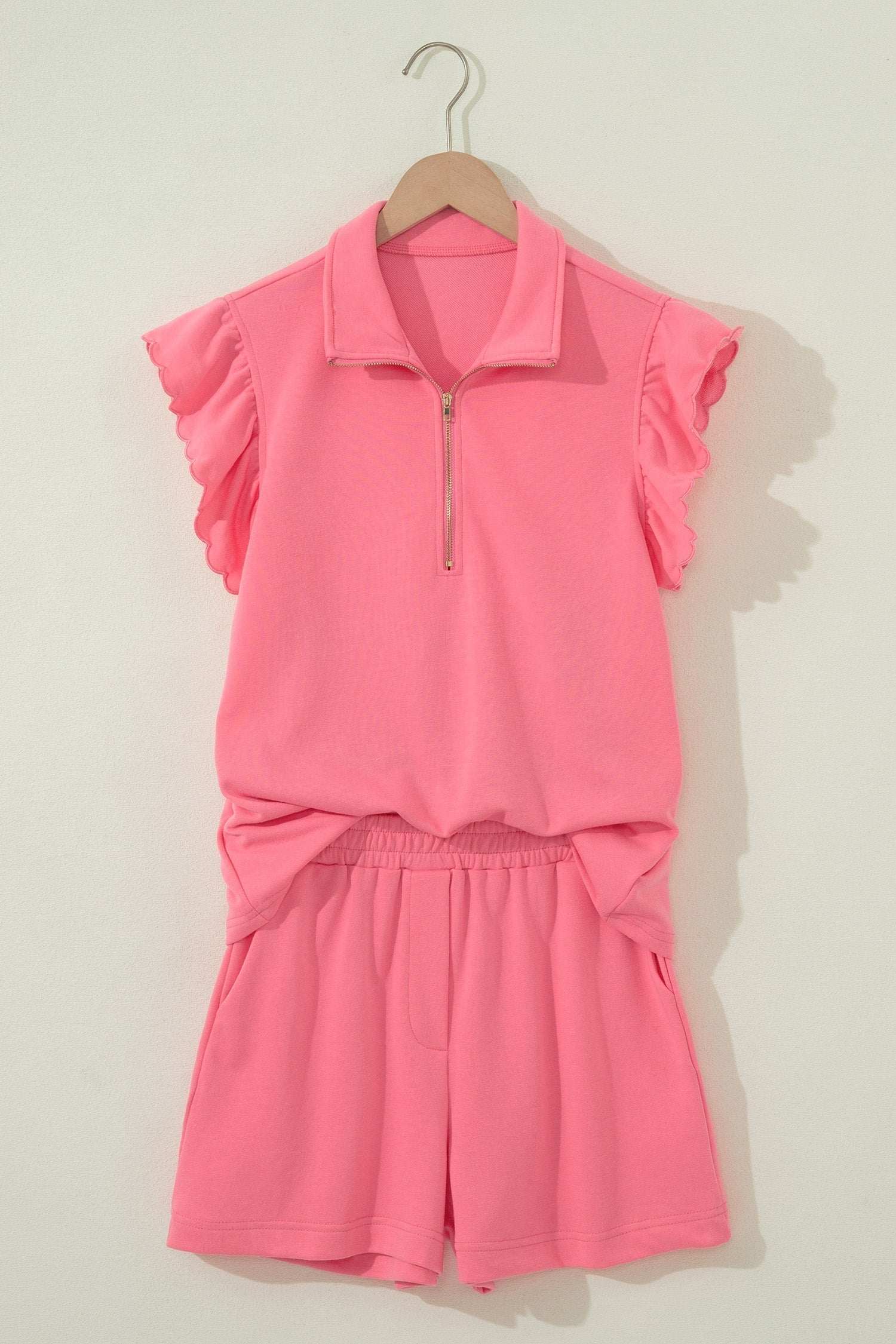 Ruffled Half Zip Short Set cozy vacation outfit with matching shorts