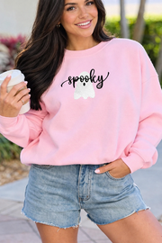 Pink Embroidered Ghost Halloween Graphic Sweatshirt