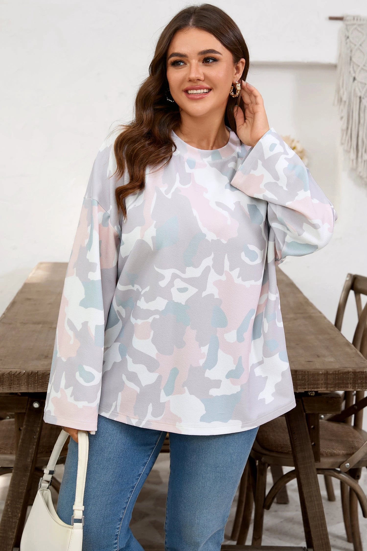 green plus size camouflage print drop shoulder loose pullover top for women casual everyday outfit
