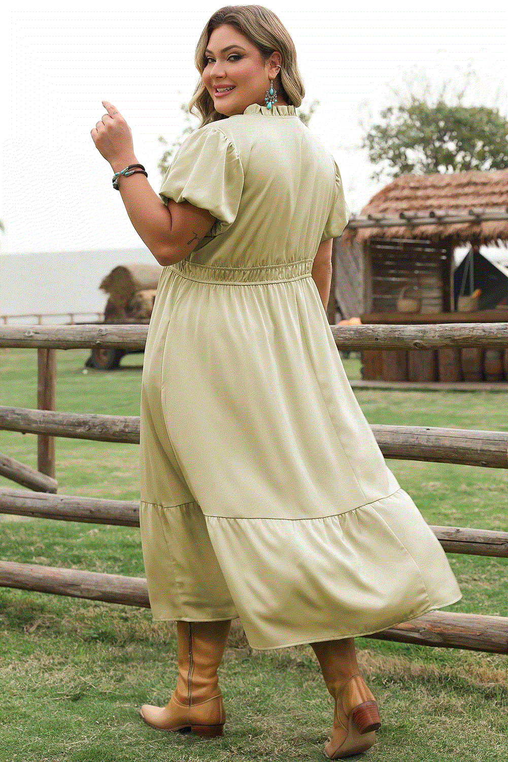 Plus size notched v-neck puff sleeve tiered maxi dress with elastic waist and lightweight satin fabric