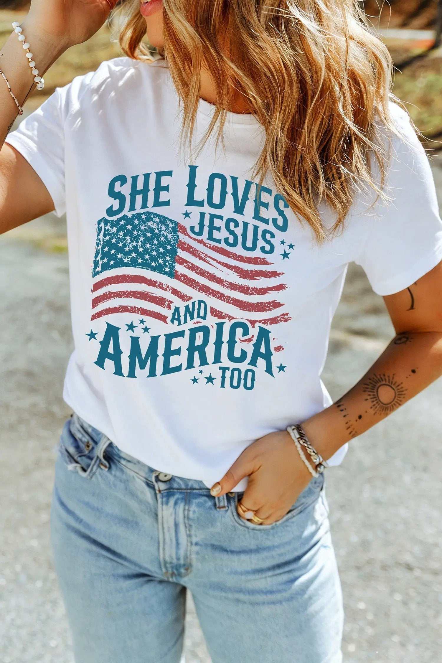 Patriotic Graphic Tee She Loves Jesus and America flag casual shirt