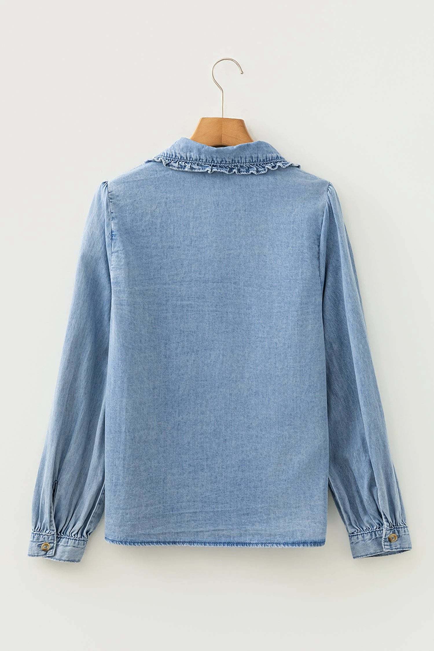 Soft Denim Blue ruffled peter pan collar western denim shirt for women casual everyday outfit