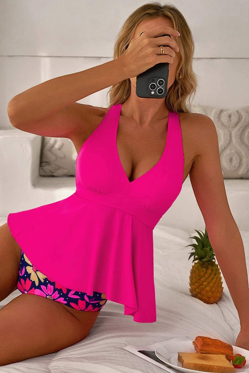 rose v neck ruffled hem floral bottom tankini set for women casual everyday outfit