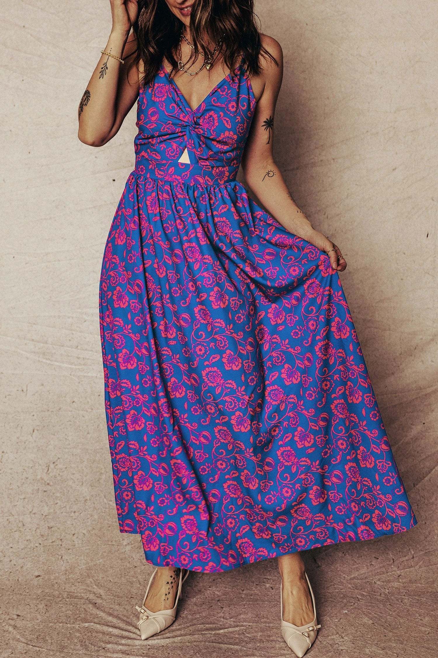 blue floral print twisted v neck tied backless maxi dress for women casual everyday outfit