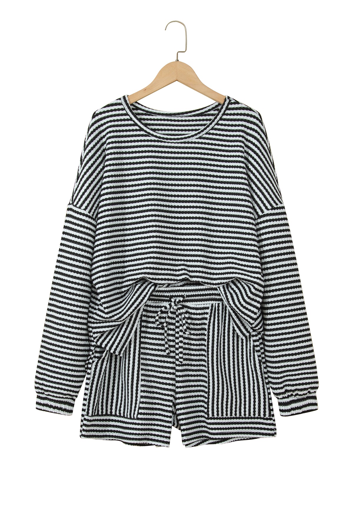 Brown Stripe Textured Knit Long Sleeve Top Elastic Waist Shorts Casual Outfit